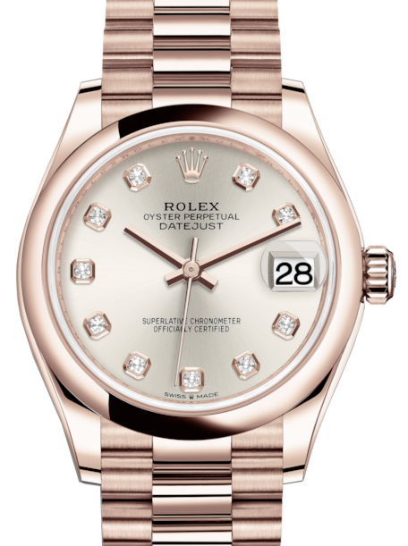 Rolex Lady-Datejust 31 Rose Gold Silver Diamond Dial & Smooth Domed Bezel President Bracelet 278245 - BRAND NEW