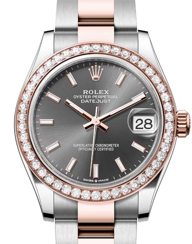 Rolex Lady-Datejust 31 Rose Gold/Steel Slate Index Dial & Diamond Bezel Oyster Bracelet 278381RBR - BRAND NEW