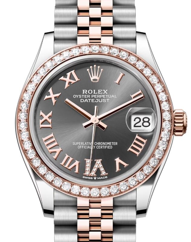 Rolex Lady-Datejust 31 Rose Gold/Steel Slate Roman Diamond VI Dial & Diamond Bezel Jubilee Bracelet 278381RBR - BRAND NEW