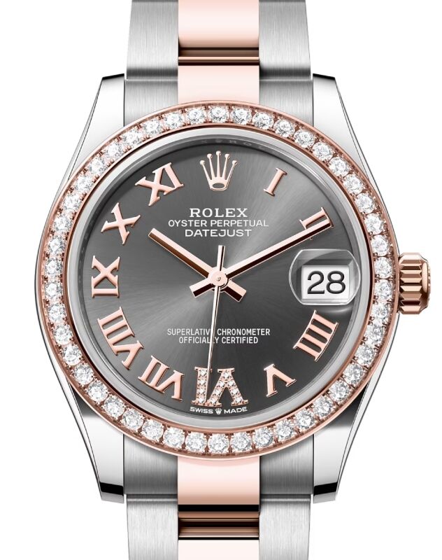 Rolex Lady-Datejust 31 Rose Gold/Steel Slate Roman Diamond VI Dial & Diamond Bezel Oyster Bracelet 278381RBR - BRAND NEW