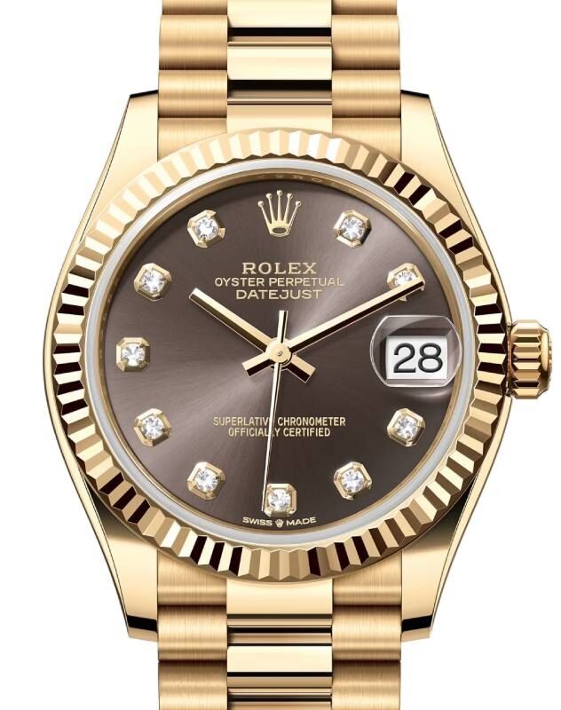 Rolex Lady-Datejust 31 President Yellow Gold Dark Grey Diamond Dial & Fluted Bezel 278278