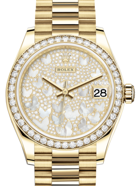 Rolex Lady-Datejust 31 Yellow Gold Mother of Pearl Butterfly Diamond Paved Dial & Diamond Bezel President Bracelet 278288RBR - BRAND NEW