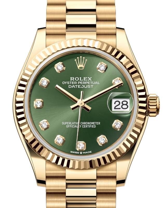 Rolex Lady-Datejust 31 Yellow Gold Olive Green Diamond Dial & Fluted Bezel President Bracelet 278278 - BRAND NEW