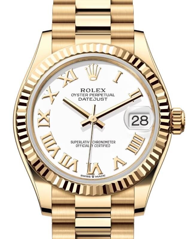Rolex Lady-Datejust 31 President Yellow Gold White Roman Dial & Fluted Bezel 278278
