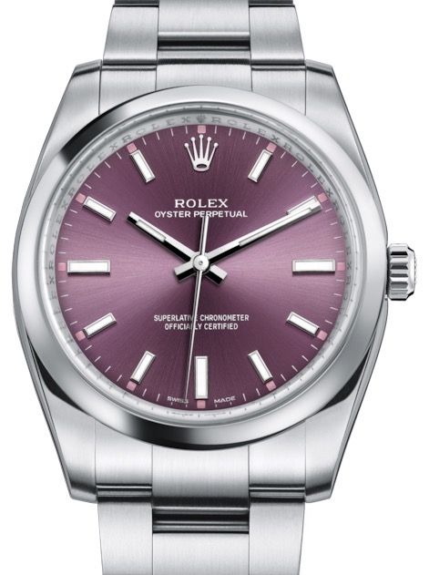 Rolex Oyster Perpetual 34 Stainless Steel Red Grape Index Dial & Smooth Bezel Oyster Bracelet 114200