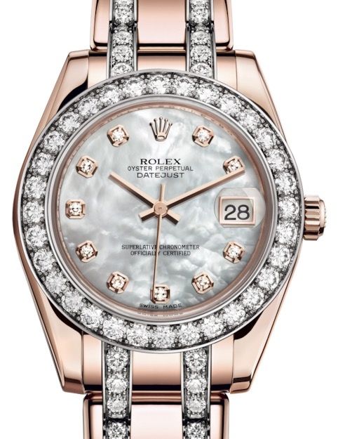 Rolex Pearlmaster 34 Rose Gold White Mother of Pearl Diamond Dial & Diamond Bezel Diamond Set Pearlmaster Bracelet 81285 - BRAND NEW