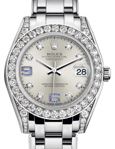 Rolex Pearlmaster 34 White Gold Silver Diamond & Sapphire Arabic Dial & Diamond Set Case & Bezel Pearlmaster Bracelet 81159 