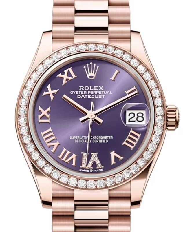 Rolex Lady Datejust 31 Rose Gold Steel Aubergine Roman Diamond VI Dial Diamond Bezel Jubilee Bracelet 278381RBR BRAND NEW