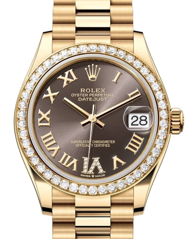 Rolex Datejust 31 Yellow Gold Dark Grey Roman Dial & Diamond Bezel President Bracelet 278288RBR - BRAND NEW