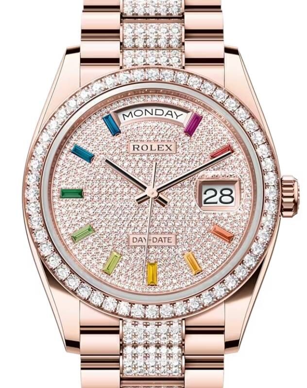 Rolex Day Date 36 President Rose Gold Rainbow Colored Sapphires Dial Diamond Bezel Bracelet 128345RBR
