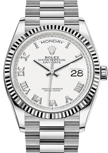 Rolex Day-Date 36 White Gold White Roman Dial & Fluted Bezel President Bracelet 118239 
