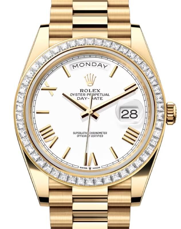 Rolex Day-Date 40 President Yellow Gold White Roman Dial Diamond Bezel 228398TBR