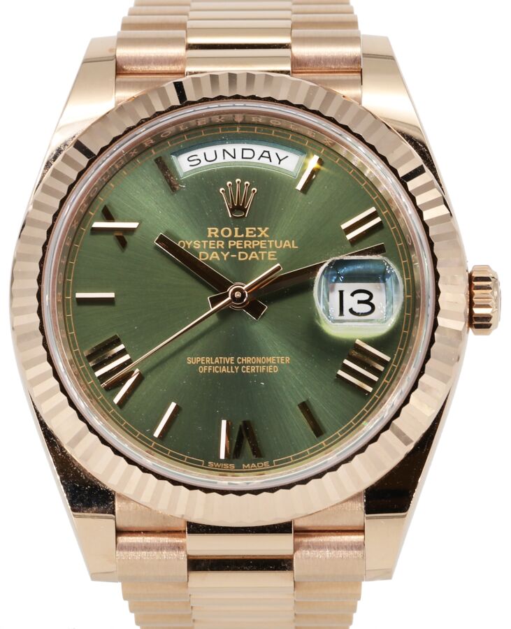 Rolex Day-Date 40 President Rose Gold Olive Green Roman Dial 228235 - PRE-OWNED