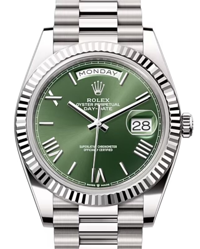 Rolex Day-Date 40 President White Gold Olive Green Roman Dial 228239