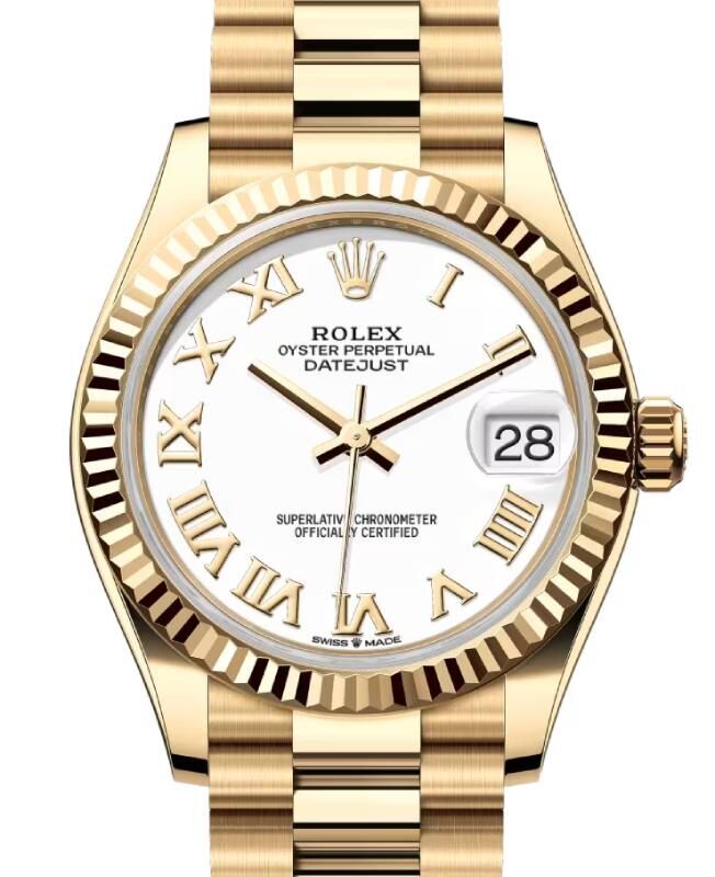 Rolex Lady-Datejust 31 President Yellow Gold White Roman Dial & Fluted Bezel 278278