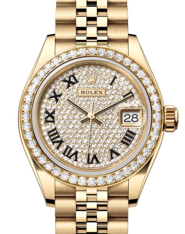 Rolex Lady Datejust 28 Yellow Gold Diamond Paved Roman Dial & Bezel Jubilee Bracelet 279138RBR - BRAND NEW