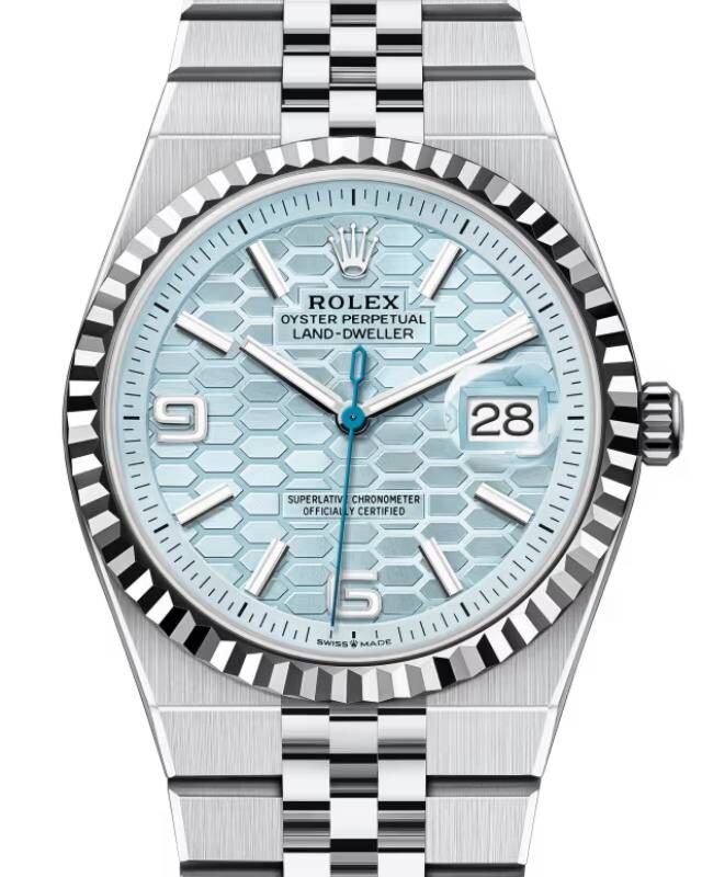 Rolex Land-Dweller 36 Platinum Ice Blue Honeycomb Motif Dial Fluted Bezel 127236