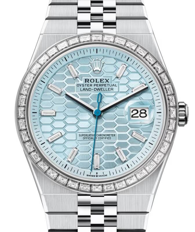 Rolex Land-Dweller 40 Platinum Ice Blue Honeycomb Motif Baguette Diamonds Dial & Bezel 127386TBR