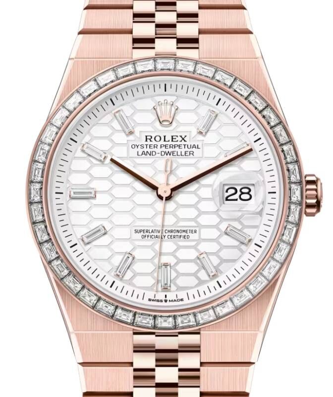 Rolex Land-Dweller 40 Rose Gold Intense White Honeycomb Motif Baguette Diamonds Dial & Bezel 127385TBR