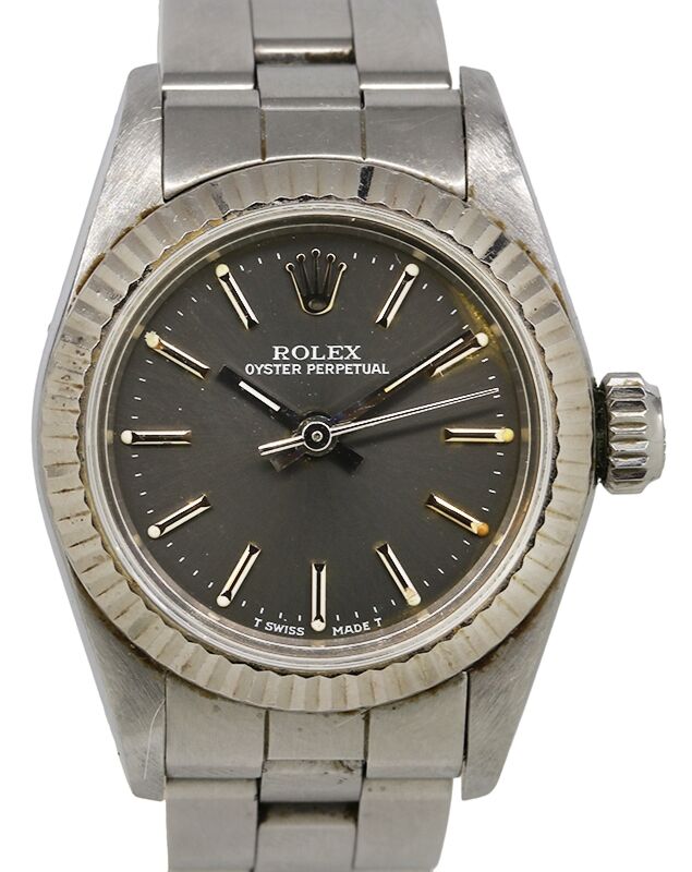 Rolex Oyster Perpetual 26 Ladies Stainless Steel Grey Index Dial Fluted Bezel Steel Bracelet 67194 PRE OWNED
