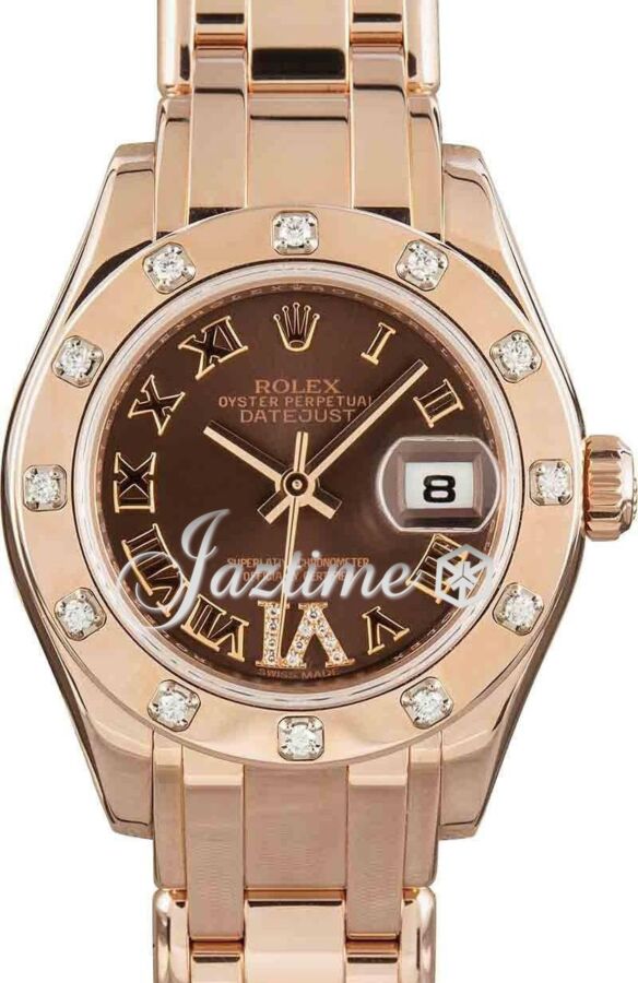 Rolex Pearlmaster 29 Chocolate Roman Rose Gold Bezel Set Diamonds VI 80315  PRE-OWNED