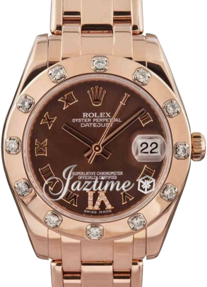 Rolex Pearlmaster 34 81315 Chocolate Roman Rose Gold Bezel Set with Diamonds VI set with Diamonds Rose Gold 