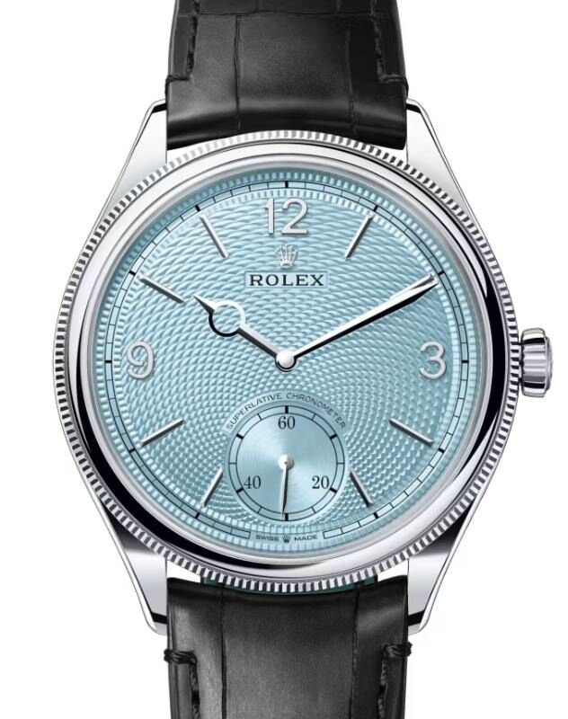 Rolex Perpetual 1908 Platinum Ice Blue Dial Domed/Fluted Bezel Black Leather Strap 52506