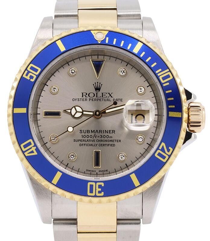 Rolex Submariner Yellow Gold & Steel Serti Slate Diamond Sapphire 40mm Dial Gold Thru Bracelet 16613 - PRE-OWNED
