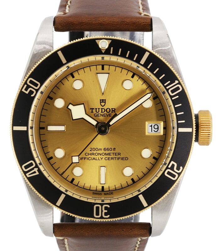 Tudor Heritage Black Bay Champagne Dial Black Bezel Two-Tone Yellow Gold & Stainless Steel Leather Strap 41mm 79733N - PRE-OWNED