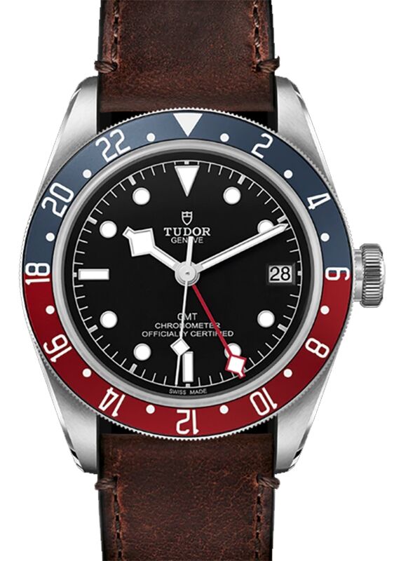 Tudor Black Bay GMT Black Dial Red Blue Pepsi Bezel Stainless Steel Terra di Siena Brown Leather Strap 41mm 79830RB BRAND NEW