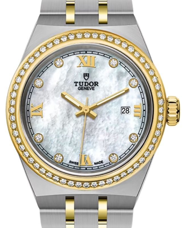 Tudor Royal Steel Diamond Set White Mother of Pearl Dial 28mm Yellow Gold Cap Bracelet M28323-0001 - BRAND NEW