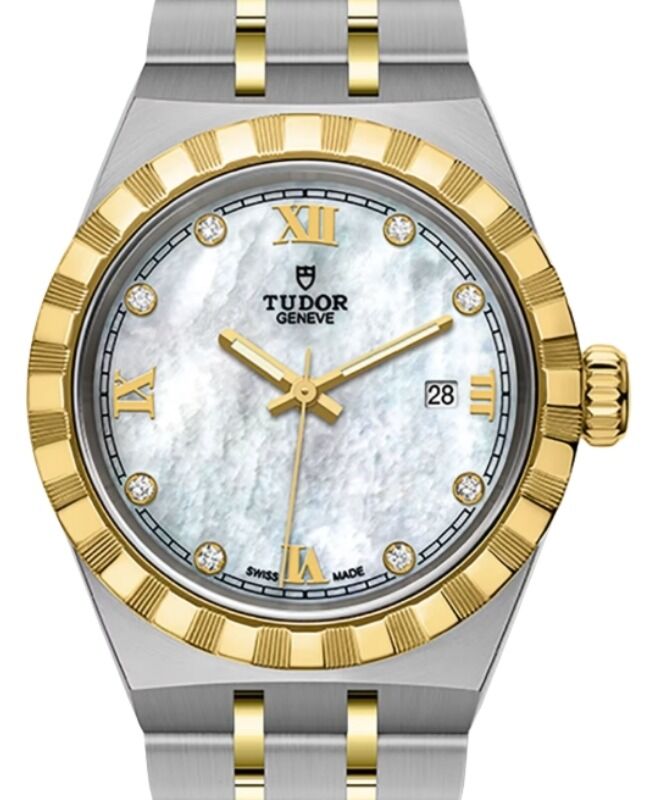 Tudor Royal Steel Diamond White Mother of Pearl Dial 28mm Yellow Gold Cap Bracelet M28303-0007 - BRAND NEW