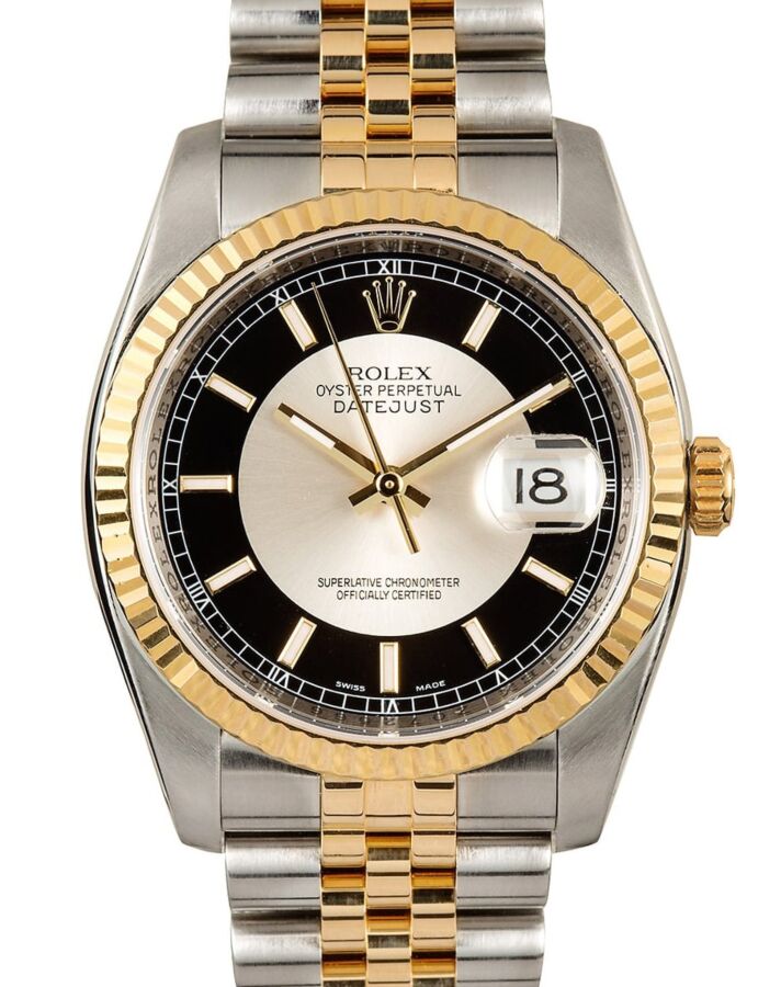 Rolex Datejust 36 Yellow Gold & Steel Black and Silver Index "Tuxedo" Fluted Bezel Jubilee Bracelet 116233