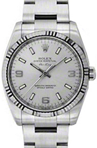 Rolex Air-King 114234-SLVSAFO Silver Arabic / Index Fluted White Gold Bezel Stainless Steel Oyster