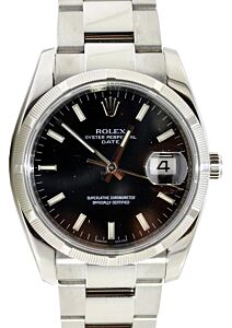Rolex Oyster Perpetual Date 34 Stainless Steel Black Index Dial & Engine-Turned Bezel Oyster Bracelet 115210