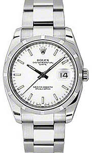 Rolex Oyster Perpetual Date 34 Stainless Steel White Index Dial & Engine-Turned Bezel Oyster Bracelet 115210 