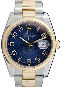 Rolex Datejust 36 116233-BLCAFO Blue Concentric Arabic Fluted Yellow Gold Stainless Steel Oyster