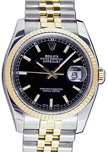 Rolex Datejust 36 116233-BLKSFJ Black Index Fluted Yellow Gold Stainless Steel Jubilee