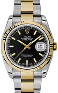 Rolex Datejust 36 116233-BLKSFO Black Index Fluted Yellow Gold Stainless Steel Oyster 