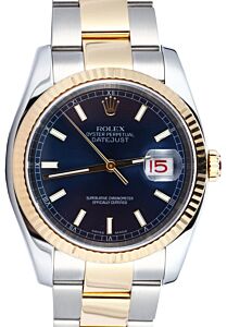 Rolex Datejust 36 116233-BLUSFO Blue Index Fluted Yellow Gold Stainless Steel Oyster
