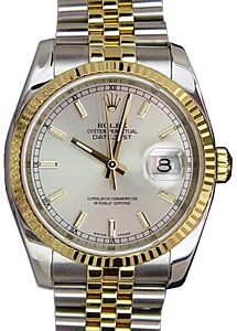 Rolex Datejust 36 116233-SLVSFJ Silver Index Fluted Yellow Gold Stainless Steel Jubilee