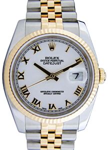 Rolex Datejust 36 116233-WHTRFJ White Roman Fluted Yellow Gold Stainless Steel Jubilee
