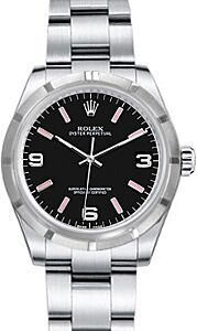 Rolex Oyster Perpetual 31 Ladies Midsize Stainless Steel Black Arabic / Pink Index Dial Engine-Turned Bezel & Oyster Bracelet 177210 - BRAND NEW