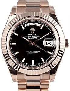 Rolex Day-Date II Rose Gold 41mm Black Index Fluted President Bracelet 218235