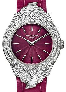 Patek Philippe 4895G-001 Calatrava Ladies 34mm Cherry Red Index White Gold Diamond Set Leather Manual BRAND NEW