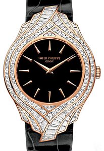 Patek Philippe 4895R-001 Calatrava Ladies 34mm Black Index Rose Gold Diamond Set Leather Manual BRAND NEW