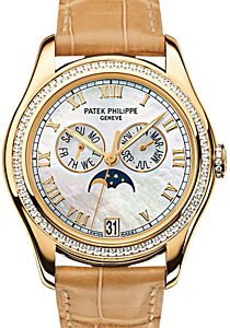 Patek Philippe 4936J-001 Complications Ladies Annual Calendar Moon Phase 37mm White Mother of Pearl Roman Diamond Bezel Yellow Gold Leather Date BRAND NEW