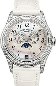 Patek Philippe 4937G-001 Complications Ladies Annual Calendar Moon Phase 37mm White Mother of Pearl Arabic White Gold Diamond Set Leather Date BRAND NEW
