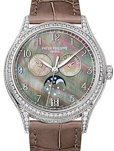 Patek Philippe 4948G-001 Complications Ladies Annual Calendar Moon Phase 38mm Black Tahitian Mother of Pearl Arabic White Gold Diamond Set Leather Automatic BRAND NEW