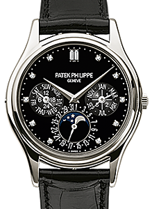 Patek Philippe Grand Complications Annual Calendar Moon Phase Black Diamond Dial Platinum Bezel Black Leather Strap 37.2mm 5140P-013